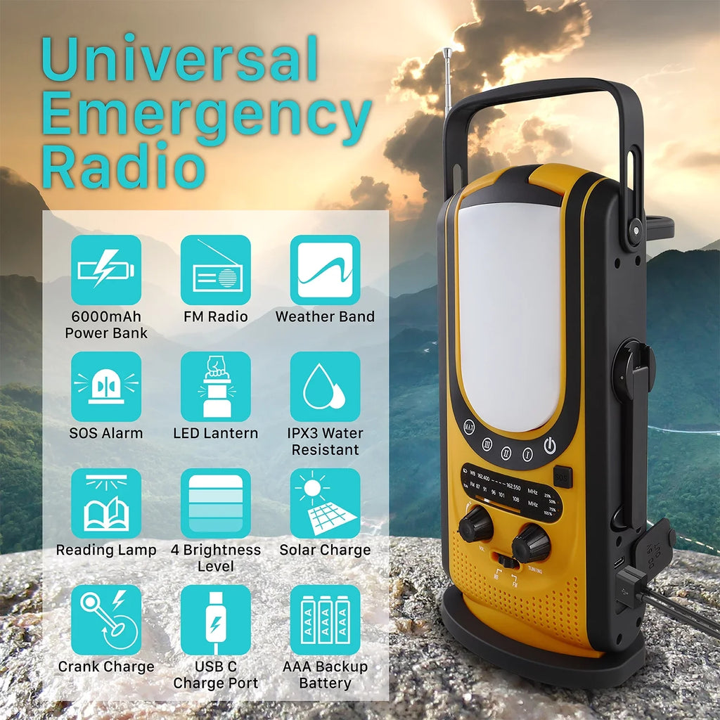 Outdoors (Model & Weather Crank with Light, Alarm Alert, 6,000mAh A7) SOS Charging, & Emergency Camping Bank for Power Radio FosPower Reading Lantern Solar FM/NOAA Charger Weather Hand &