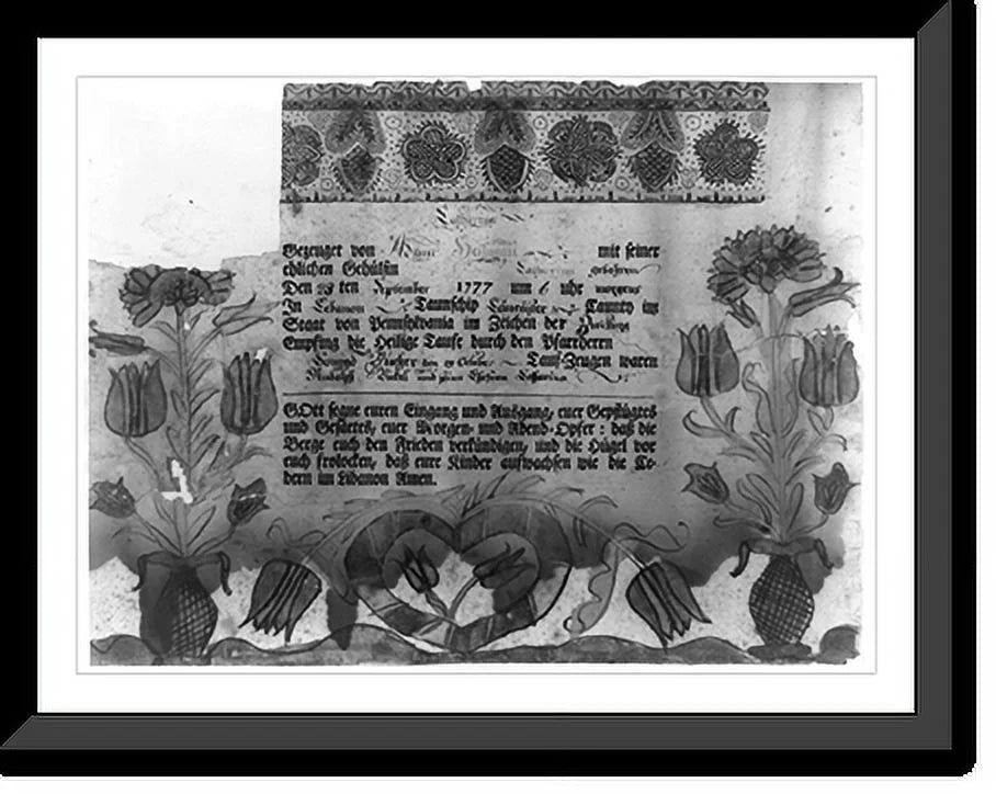 21-7/8" certificate township, b. Print, Heilman, Framed 17-7/8" and Catharina Historic [Birth baptismal in for County, Lancaster Lebanon with 1777, x Pa.; blessing],