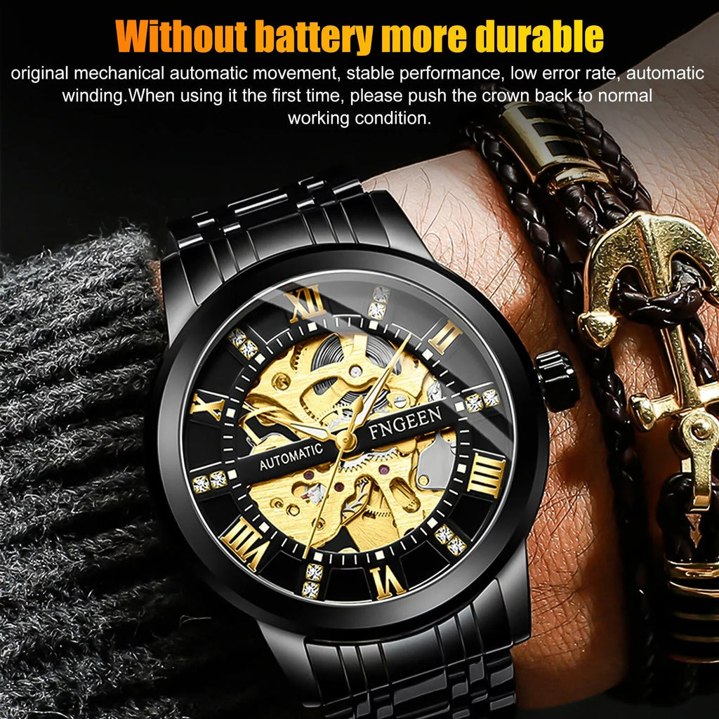 Men's Retro Stainless Automatic FNGEEN Hollow Mechanical Watch Steel Dial Luxury