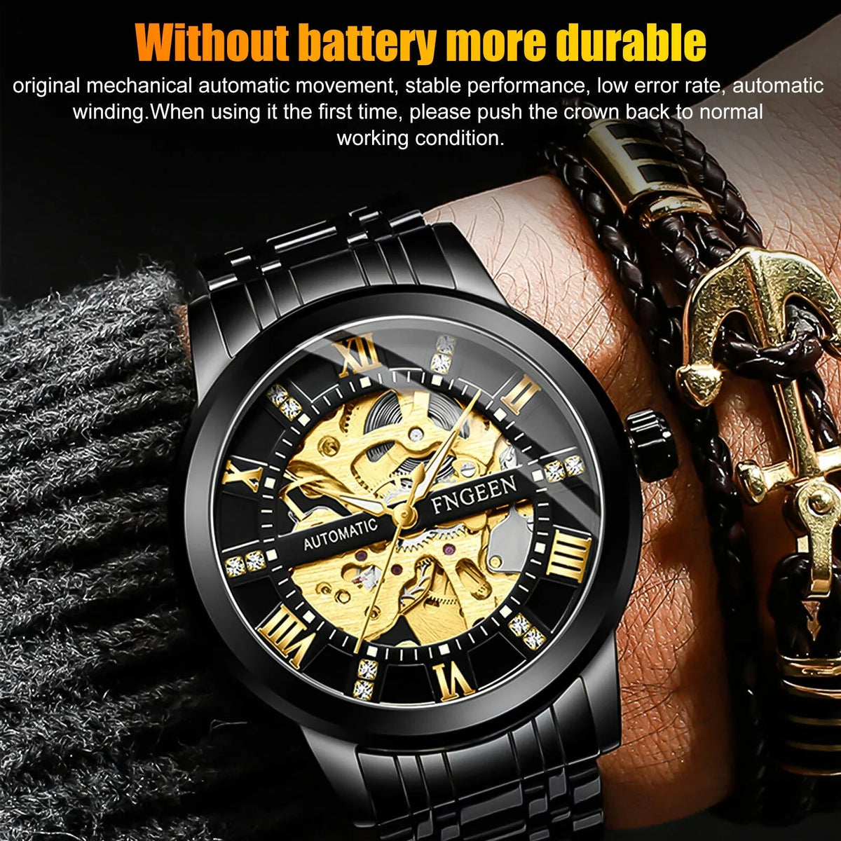 Men's Retro Stainless Automatic FNGEEN Hollow Mechanical Watch Steel Dial Luxury