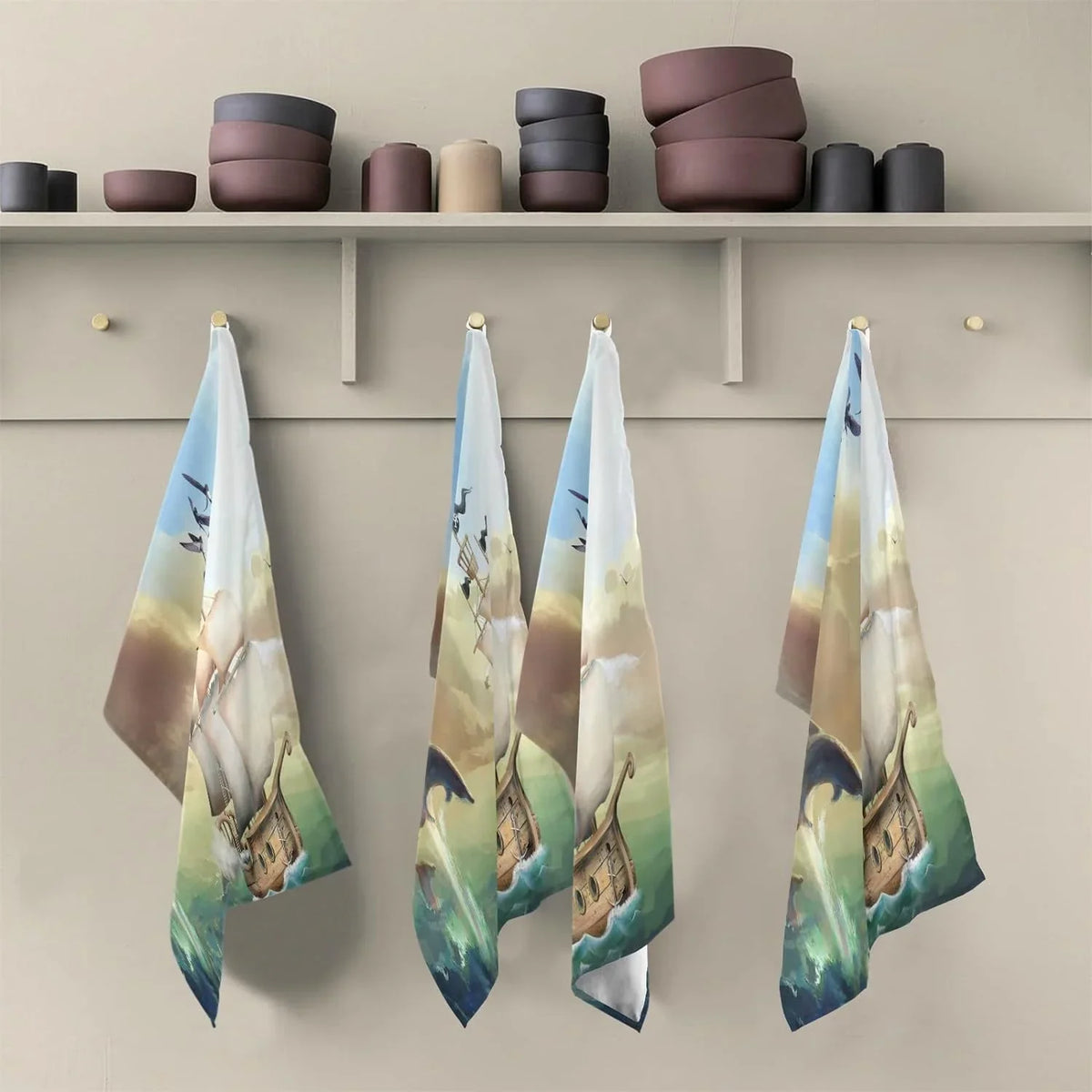 Set 6 Absorbent Cleaning Wiping and Towels 18"x28"Lint-Free Kitchen Hanging of Tea Towel Drying Kitchen Dish Loop, with Summer for Dolphins Sailboat Jumping Cloth Ocean