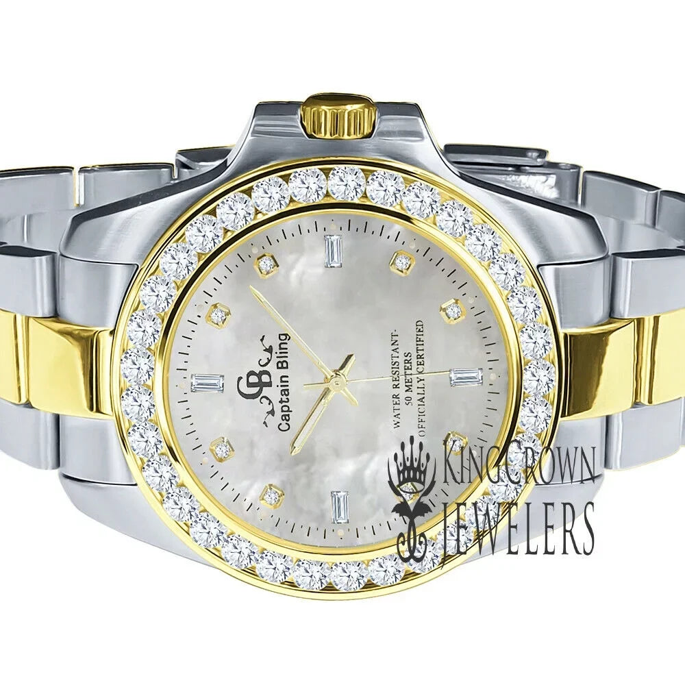 Steel Dial Pearl Of Gold Tone Watch Diamonds Simulated Mens Finish Mother Stainless 2 Solid 18K