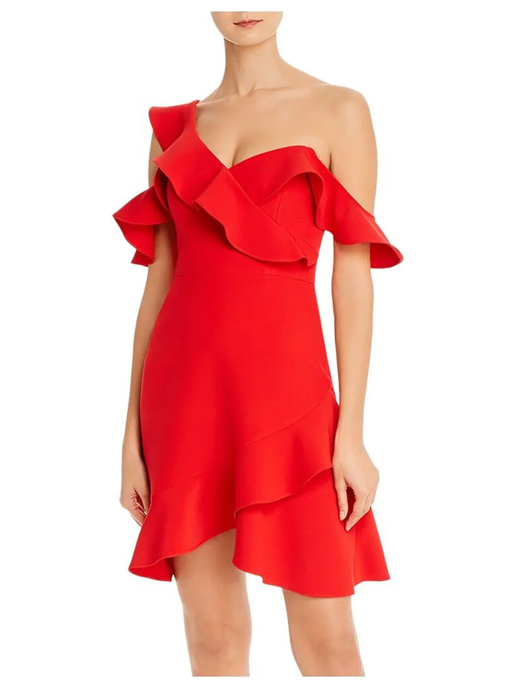 BCBG Neckline Asymmetrical Short Womens Cold MAXAZRIA Shoulder 12 Red Dress Party Flare Fit +