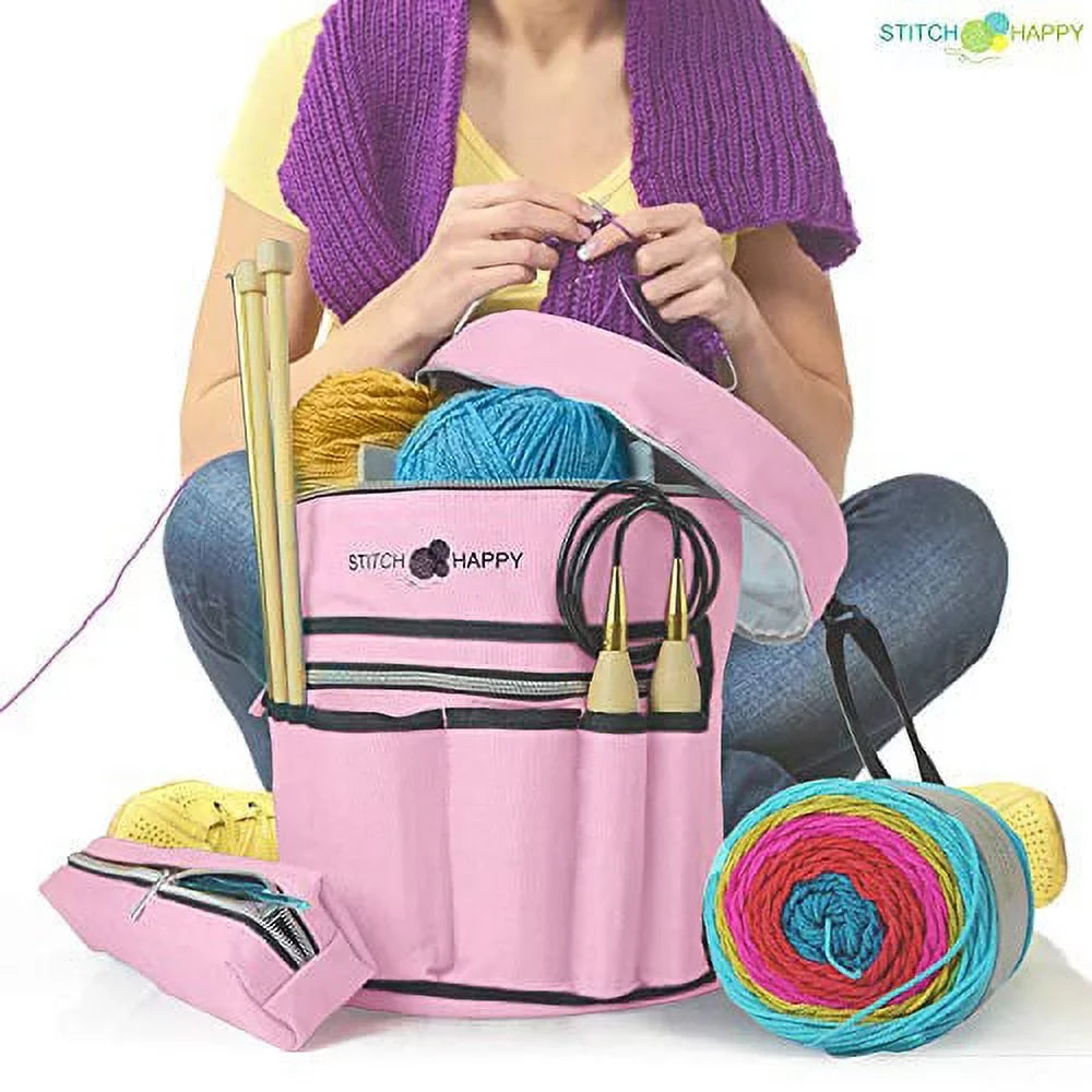 Crochet Bag Yarn Knitting Bag, or Storage Crochet 7 Storage, Pocket Stitch Yarn Bag, Happy (Pink):