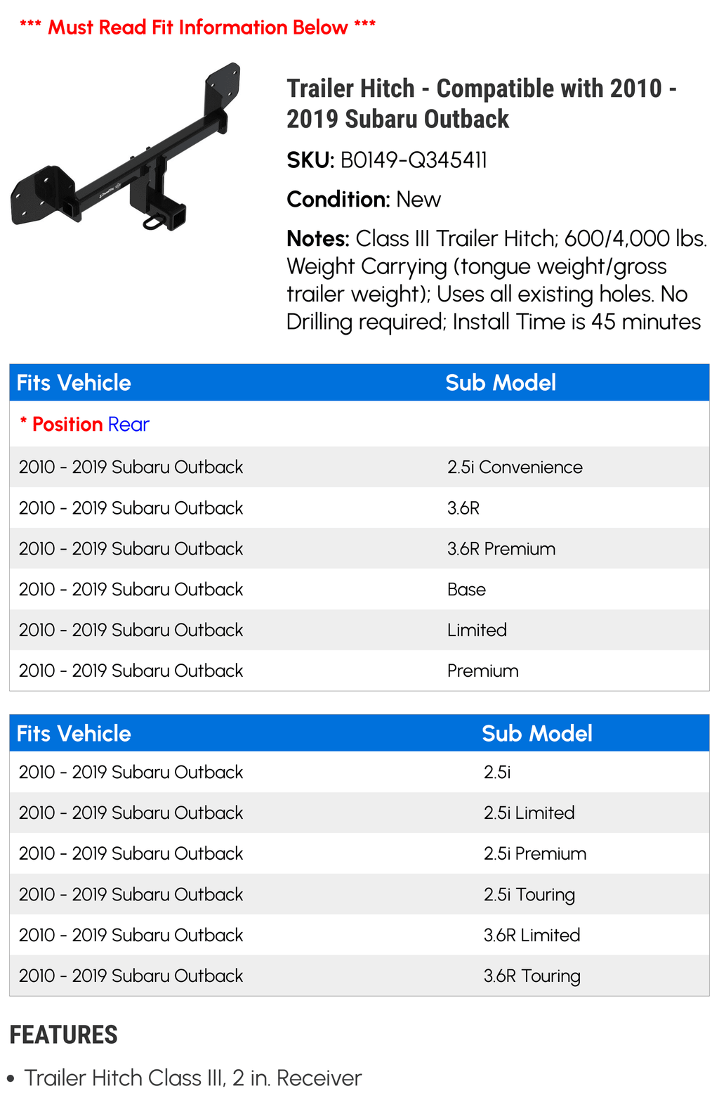 2019 2013 Compatible 2011 Hitch - with Outback 2010 2015 2018 - 2016 2012 2017 Subaru Trailer 2014
