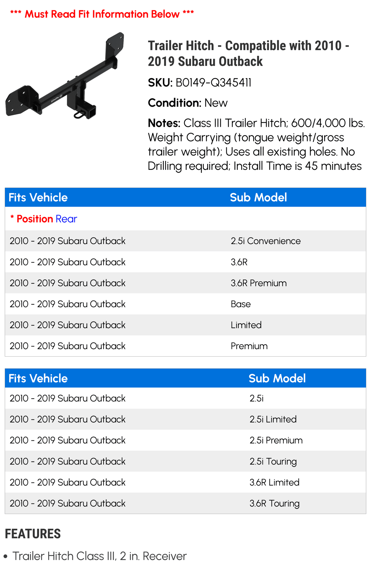 2019 2013 Compatible 2011 Hitch - with Outback 2010 2015 2018 - 2016 2012 2017 Subaru Trailer 2014