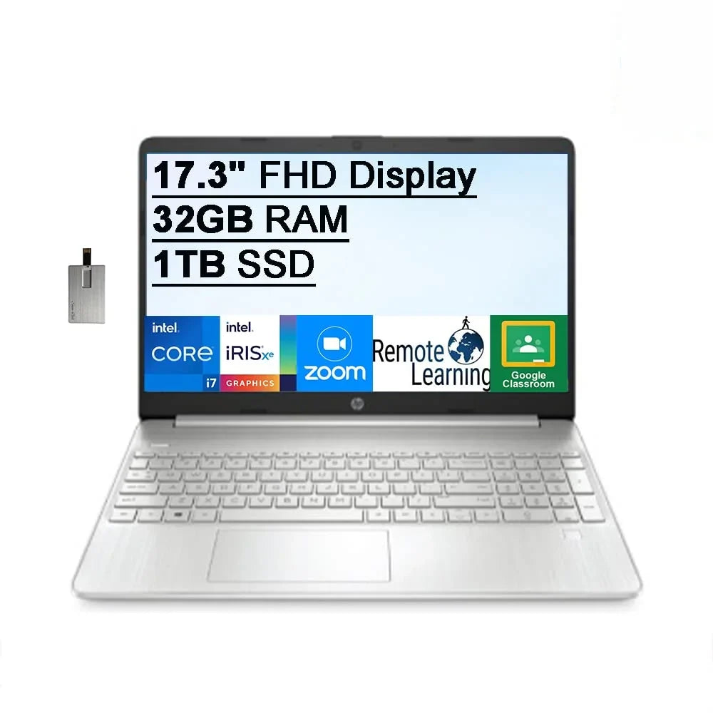 Iris Windows Intel Laptop Xe 32GB FHD 2021 Card Silver, 17.3" HD Core HP 11th USB Computer, Generation SSD, Intel Webcam, 32GB i7-1165G7, OS, RAM, Graphics, HD Backlit Keyboard, Audio, PCIe IPS 1TB