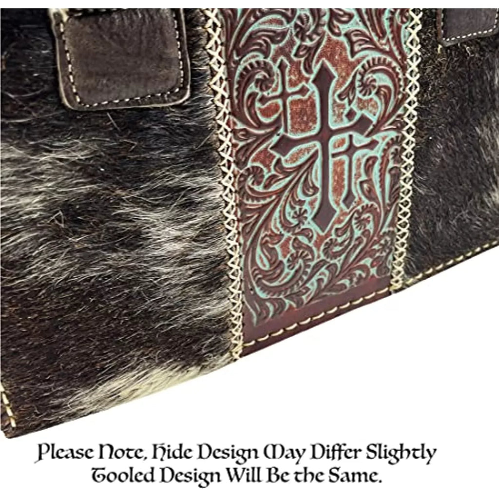 Genuine Urbalabs Tooled Women Leather Western Purses Purse with Over the Bag Brown Western Zipper (Dark Handbag In Tote Shoulder Stitched CowHair Dark Hand Crosses for Brown)