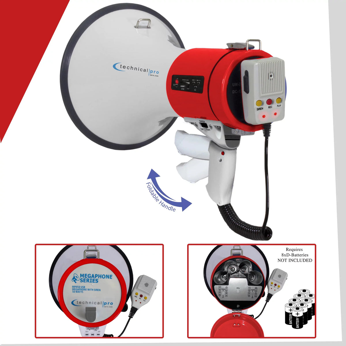 Police Outdoor Detachable Bullhorn Professional leading w/ Siren, - Speaker PA Megaphone Technical Red Pro Detachable And Microphone, Portable Voice Cheer Strap for Lightweight 75-Watt