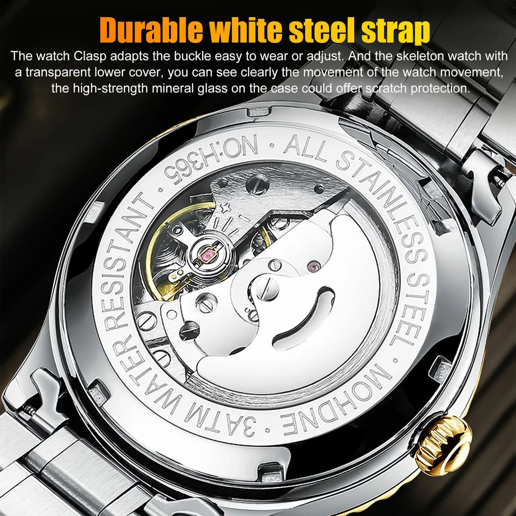 Men's Retro Stainless Automatic FNGEEN Hollow Mechanical Watch Steel Dial Luxury