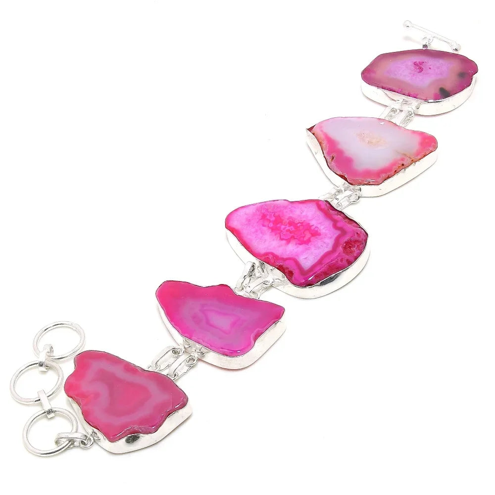 Botswana Handmade SR Gemstone Gifted Agate Bracelet Jewelry Ethnic 212 7-8" Pink