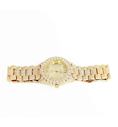 Numerals Iced ST10327LA (Gold-Gold) Raymond - Big Rocks Fully Out Blinged Dial Hop Roman Charles Women's with Hip Out Wristwatch