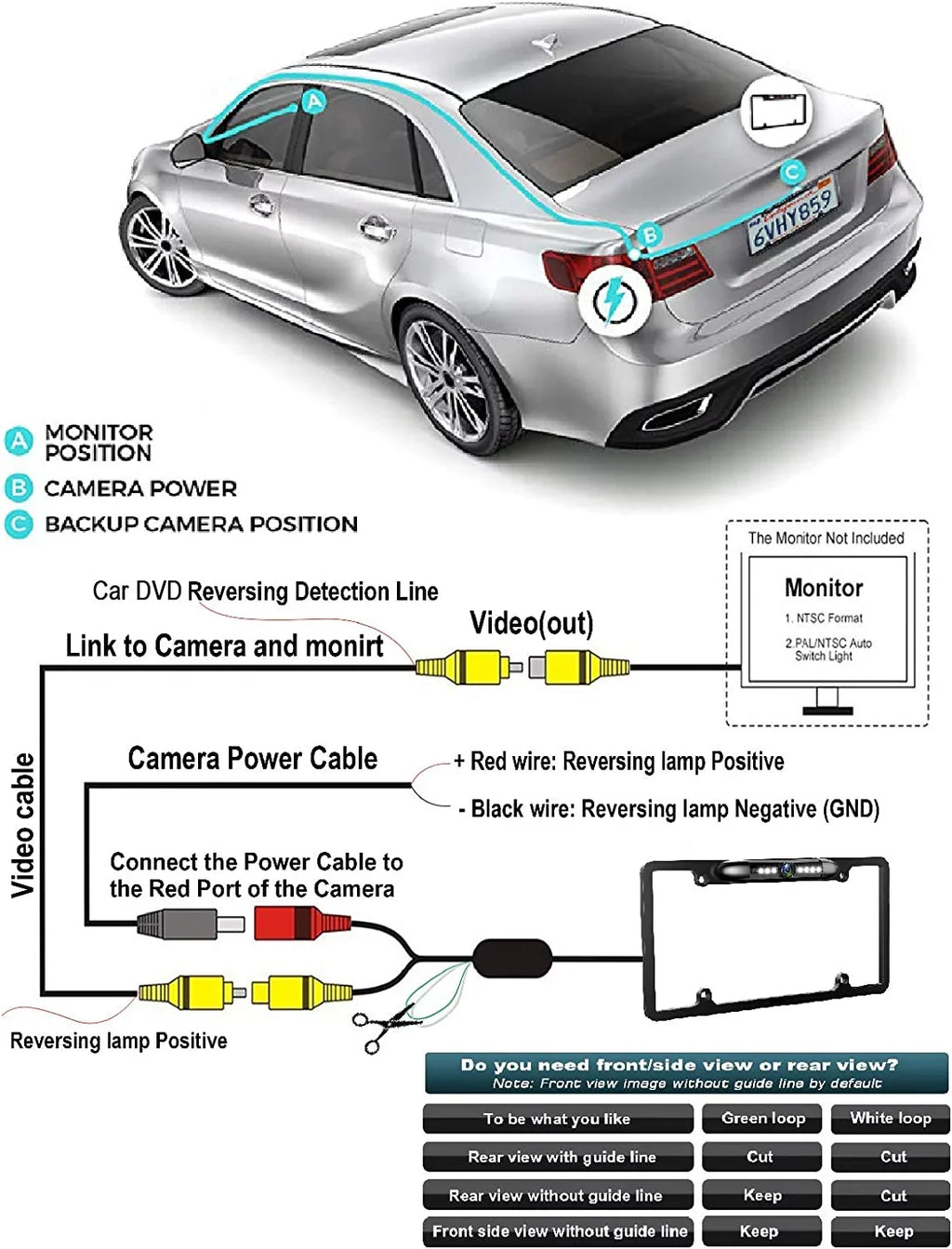 Black Rearview Backup Camera DDX-512 DDX512 Kenwood Waterproof License Plate for