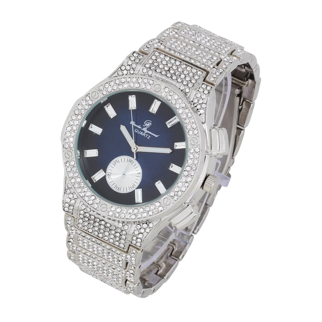Rhinestones on Timepiece- Inspired Men's - MB ST10311 Hop Blue SLV by Out Blast Watch Bling -C Charles Big Raymond Hip Diamond Iced -