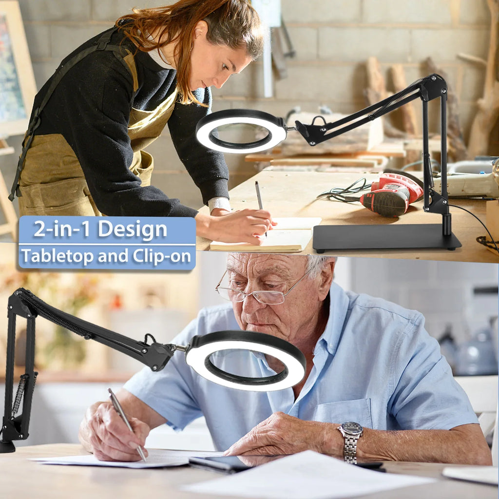 5 for 10X Craft, and Desk with Stepless Glass Magnifying 2-in-1 Dimmable, Lamp LED Sewing Magnifier with Magnifying Color Hands Painting, Free Work, Close Lighted Stand, Modes Clamp, Light