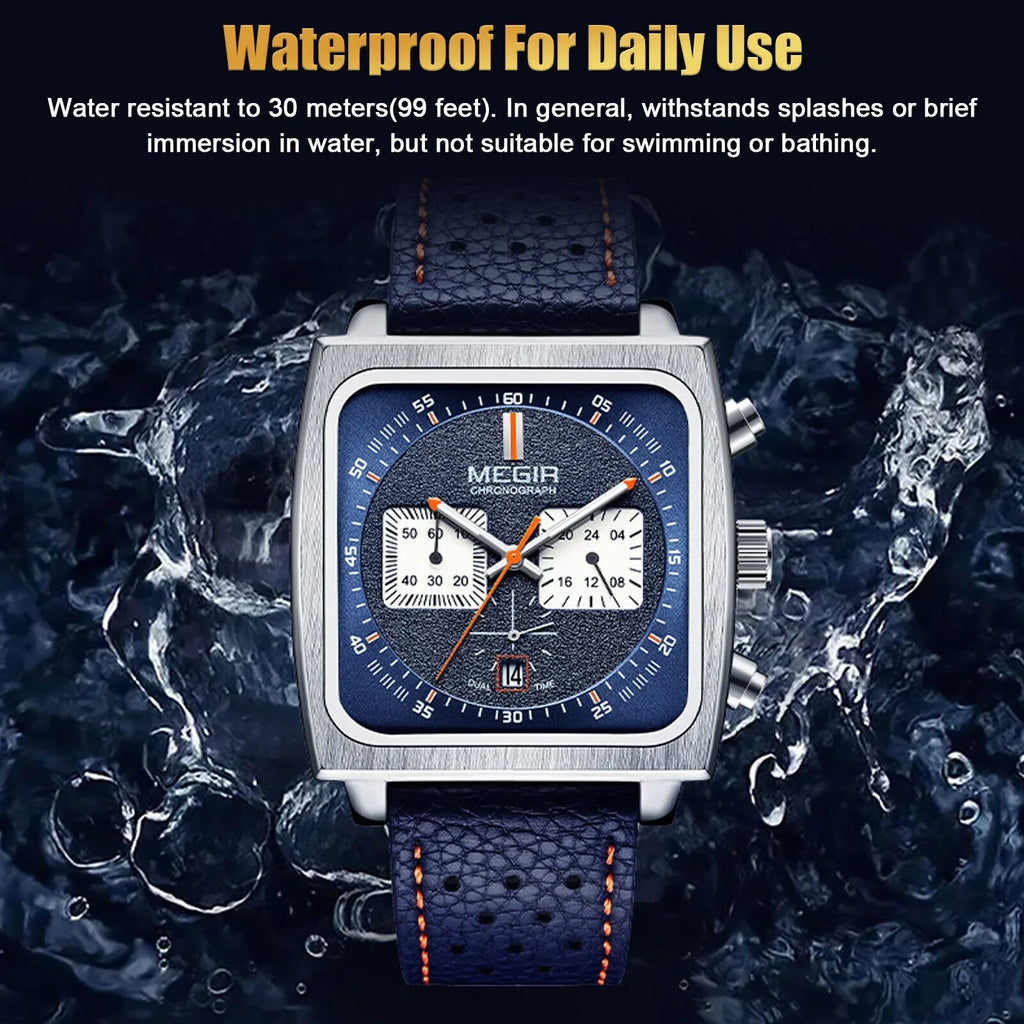 Waterproof Business Watch Men's Quartz Luminous Luxury Leather MEGIR Chronograph