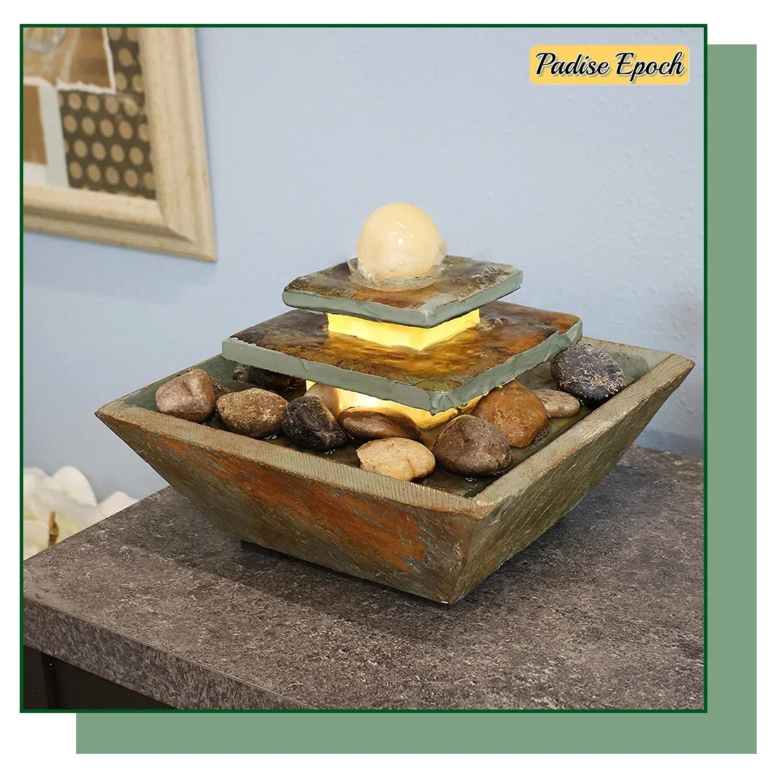 Ascending Polished Fountain - 8 Accent Tie Corded Inch Light and with LED Room Home or Water Living Office, Ball Decor Tabletop for Bedroom - Stone Electric Slate -