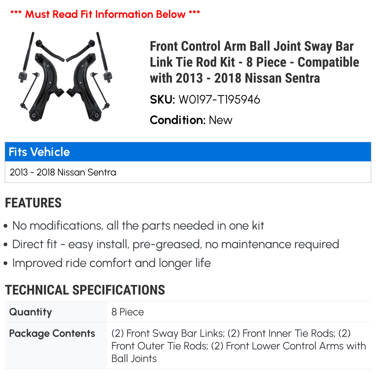 Control Sway 2015 Compatible 2016 with 2018 Nissan Piece Tie Ball 8 - Front Link Bar Joint - Kit Rod Sentra 2013 2017 Arm 2014 -