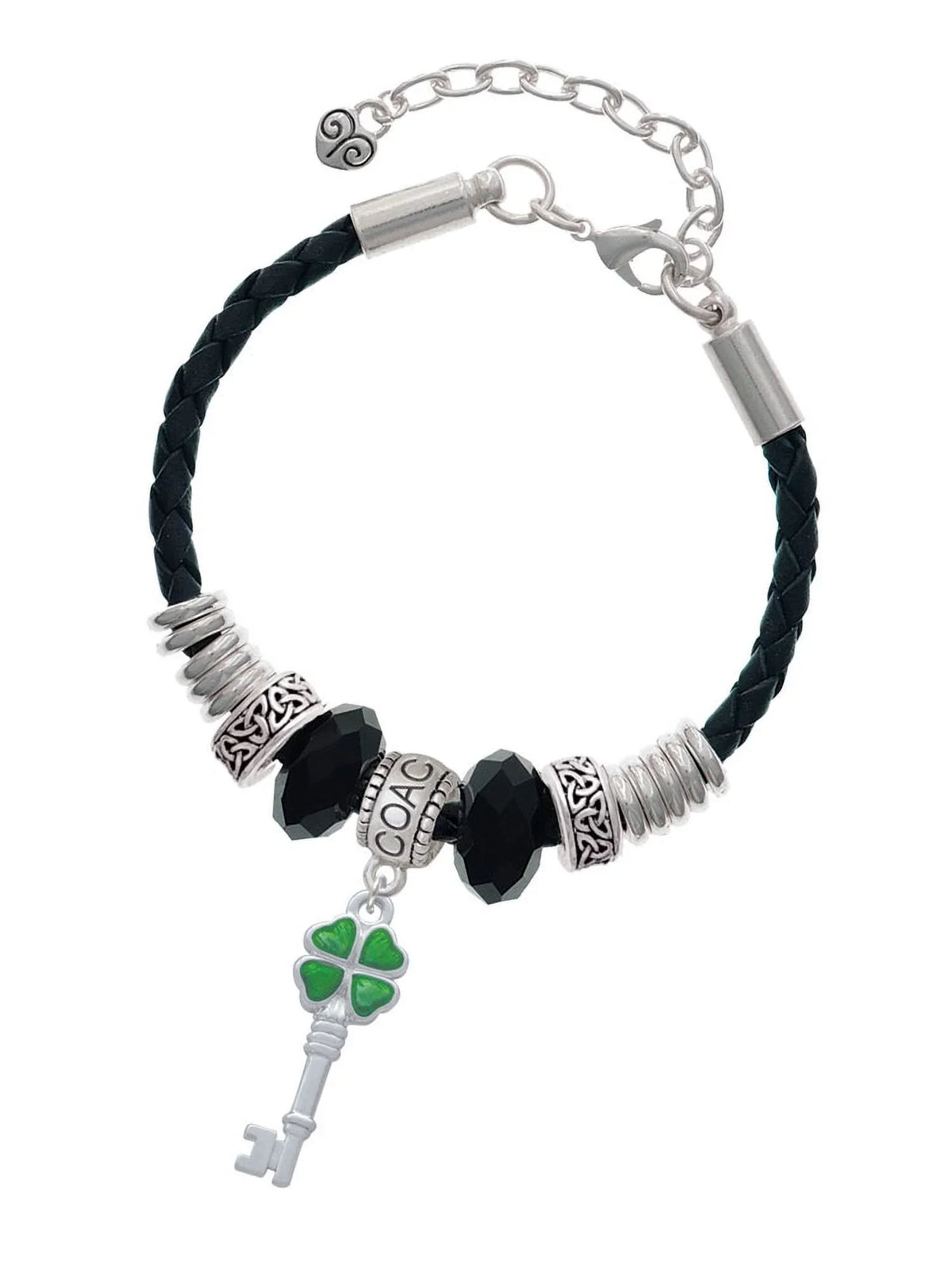 Celtic Four Green Knot Lucky Coach Silvertone Clover 7"+2" Jewelry Leaf Extender Bracelet, Delight Translucent Key Leather Bead