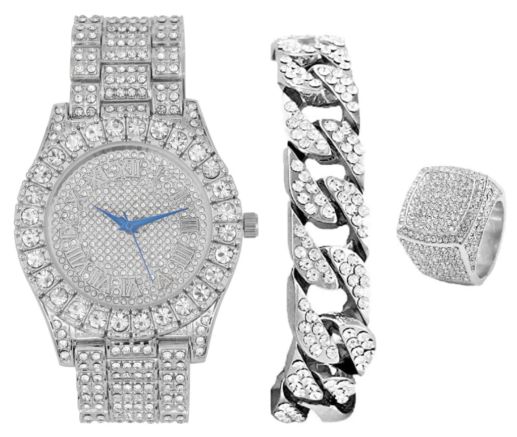 Ring Dial Mens Raymond Big Bracelet with Fully Charles ST10327SET3PC w/Cuban & Out Chain - Numerals Rocks Watch Bezel Iced (10,Silver) Roman -