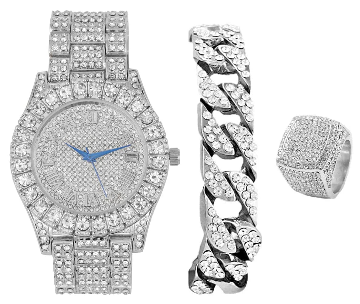 Ring Dial Mens Raymond Big Bracelet with Fully Charles ST10327SET3PC w/Cuban & Out Chain - Numerals Rocks Watch Bezel Iced (10,Silver) Roman -