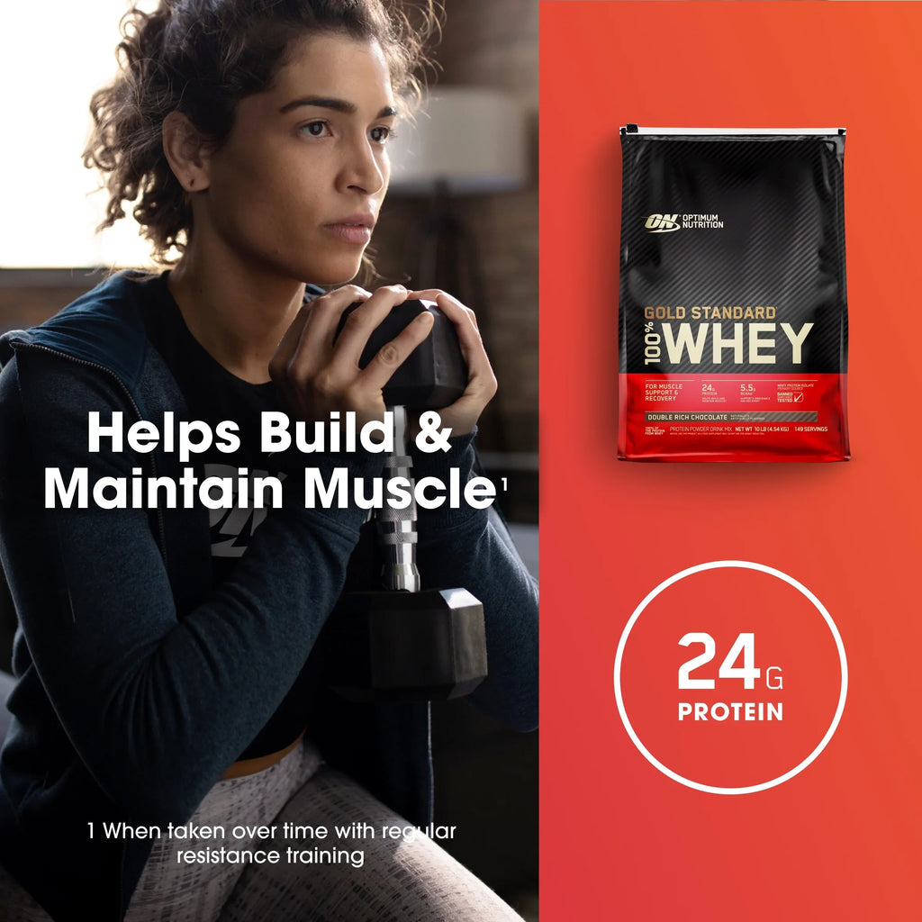 Whey Optimum Nutrition, Servings Chocolate, Rich 149 Standard Gold 10 lb, Double Powder, Protein 100%