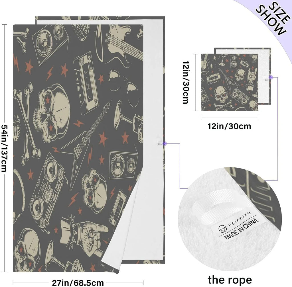 Towel Cotton Pure Washable Skull Instrument Rock Set, Bath Bestwell Travel（420） Absorbent Highly Machine Soft Yoga, Pack 2 Towels for Pool,Sports,
