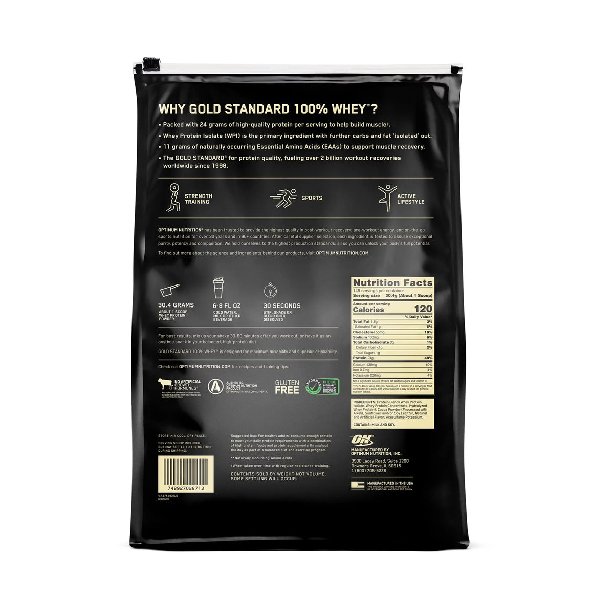 Whey Optimum Nutrition, Servings Chocolate, Rich 149 Standard Gold 10 lb, Double Powder, Protein 100%