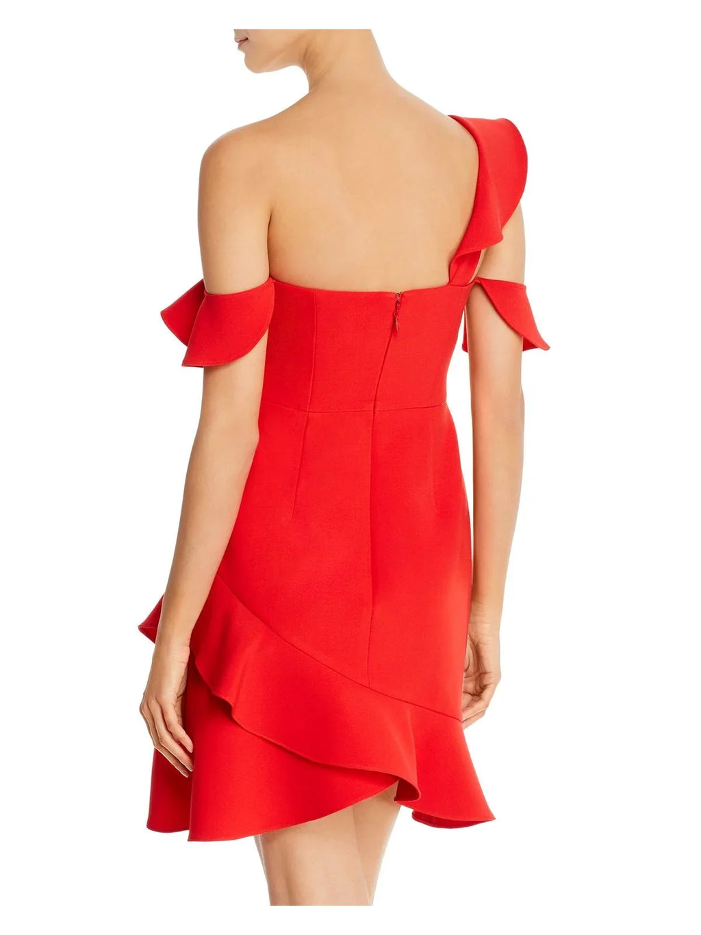 BCBG Neckline Asymmetrical Short Womens Cold MAXAZRIA Shoulder 12 Red Dress Party Flare Fit +