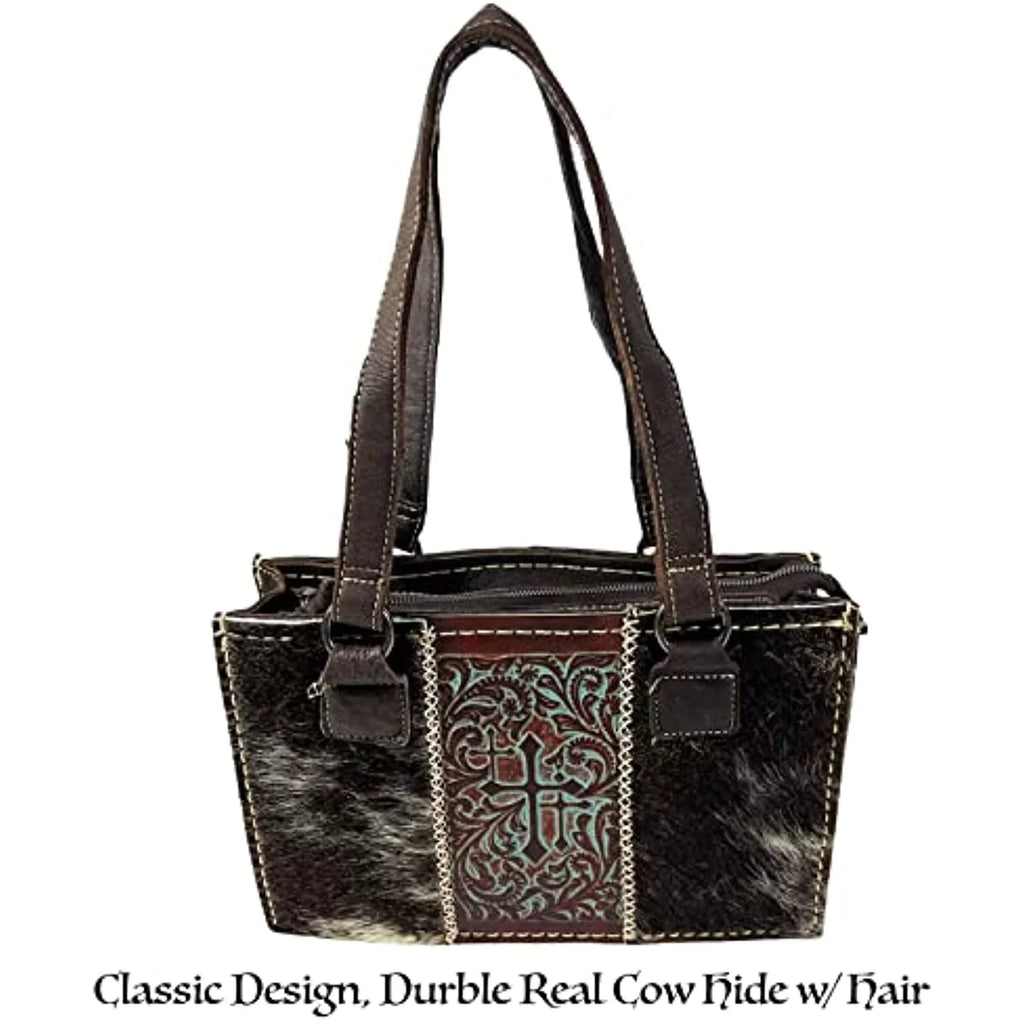 Genuine Urbalabs Tooled Women Leather Western Purses Purse with Over the Bag Brown Western Zipper (Dark Handbag In Tote Shoulder Stitched CowHair Dark Hand Crosses for Brown)