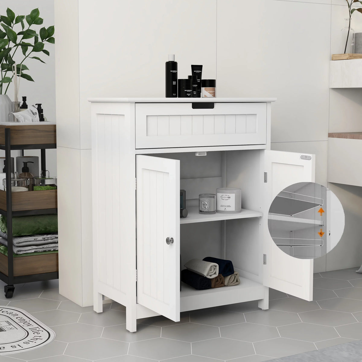 Room. for White 1 Wood in Freestanding and Cabinet Floor Drawer Versatile Doors, Living Storage Bathroom 2 Elegant Adjustable Bathroom Design Organizer Shelf
