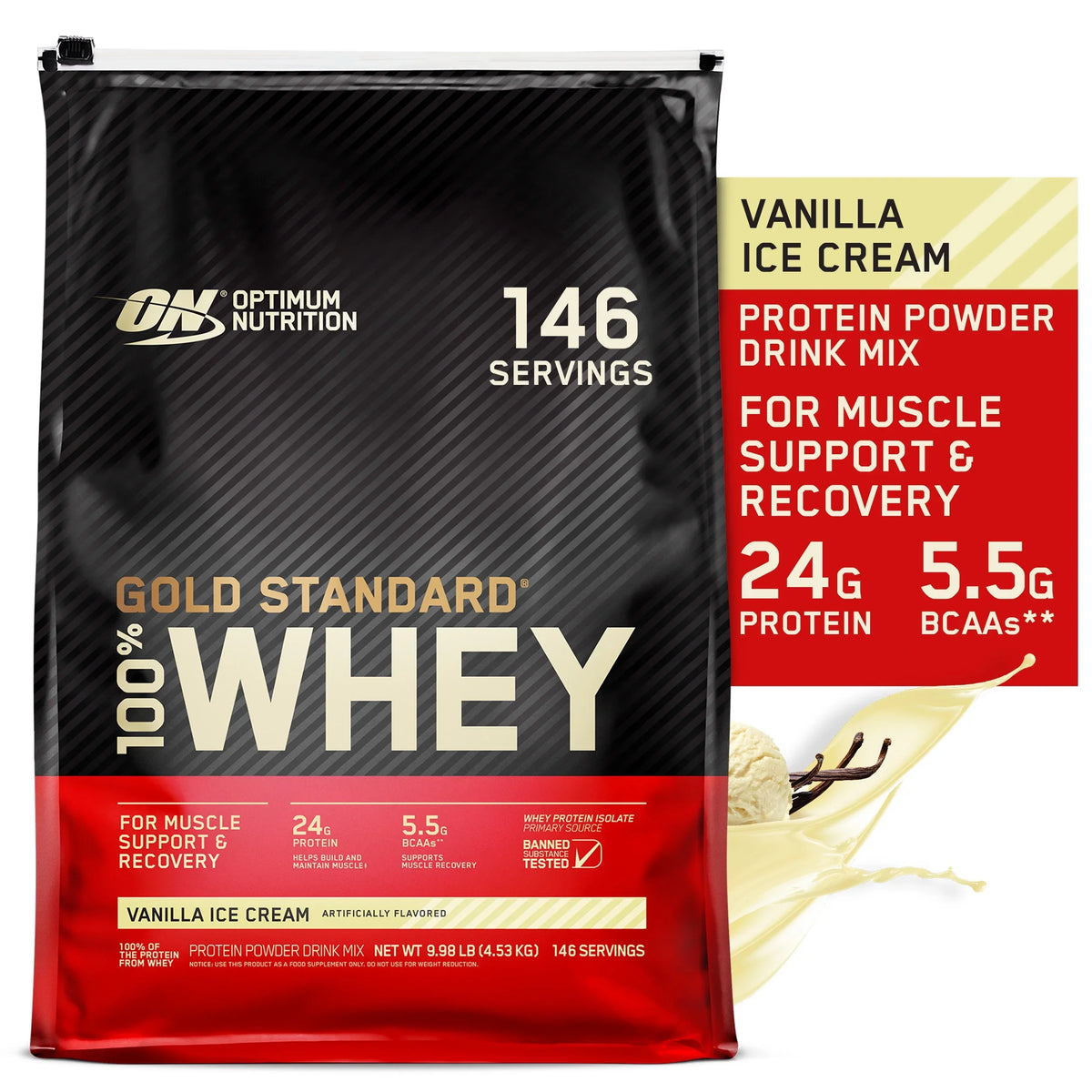 lb, Optimum Gold Standard Ice Whey 100% Servings 146 Nutrition, Protein Powder, Vanilla Cream, 9.98
