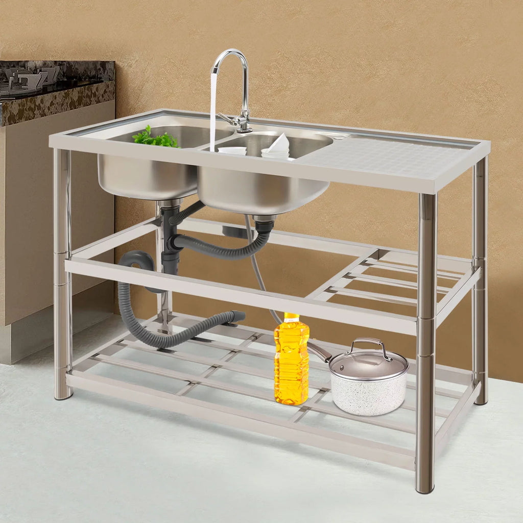 with Double Prep Faucet+Drainpipe Kitchen Stainless Steel Basin Freestanding Bowl Sink Utility & Sink Aiqidi Commercial Restaurant