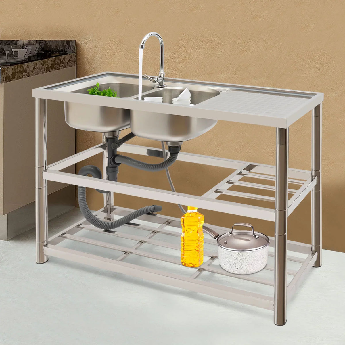 with Double Prep Faucet+Drainpipe Kitchen Stainless Steel Basin Freestanding Bowl Sink Utility & Sink Aiqidi Commercial Restaurant
