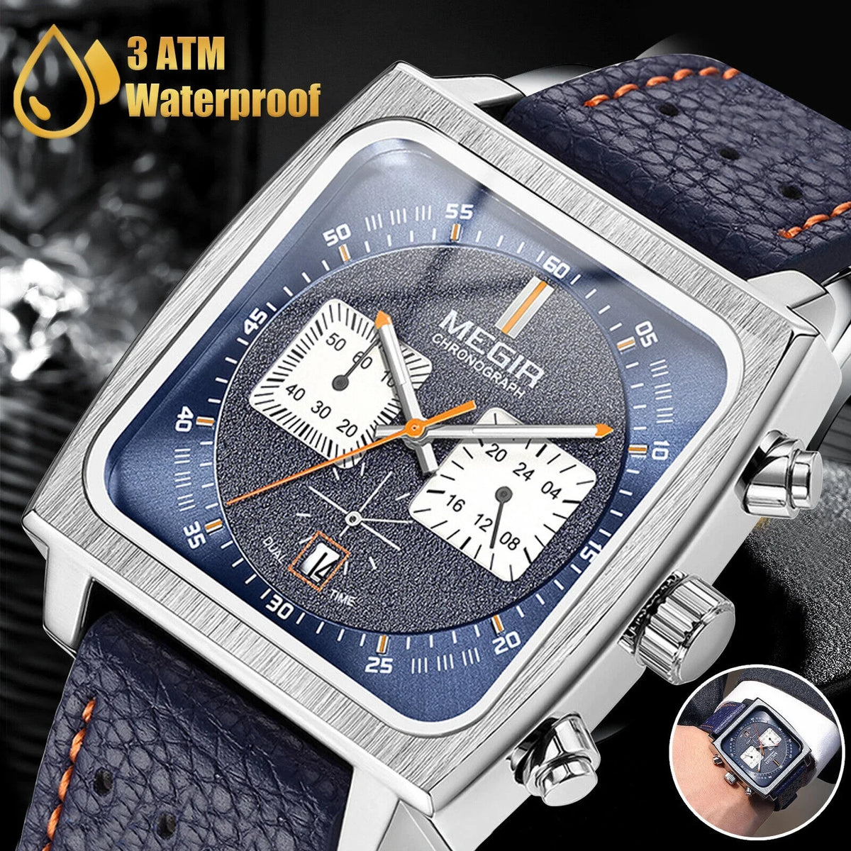 Waterproof Business Watch Men's Quartz Luminous Luxury Leather MEGIR Chronograph