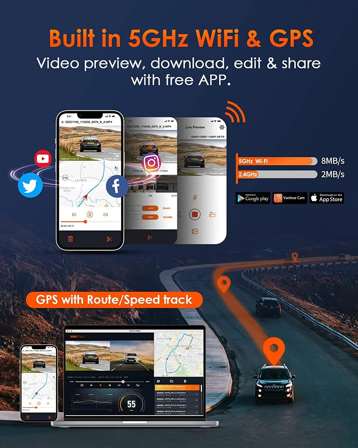 Voice Channel Dash GPS Triple Inside, Front WiFi 512GB 2.5K E3 Rear Control, Max Way and 24 Dash Support 3 3 Vision, STARVIS Hours Parking Night Cam Camera Vantrue IR 1944P+1080P+1080P with Mode,