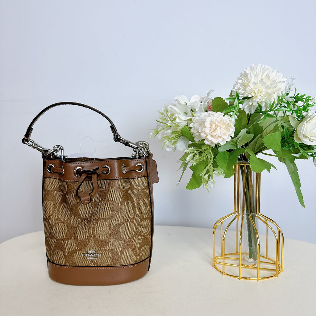 Signature In Canvas Bag IN Bucket CR145 Khaki Mini Saddle Coach