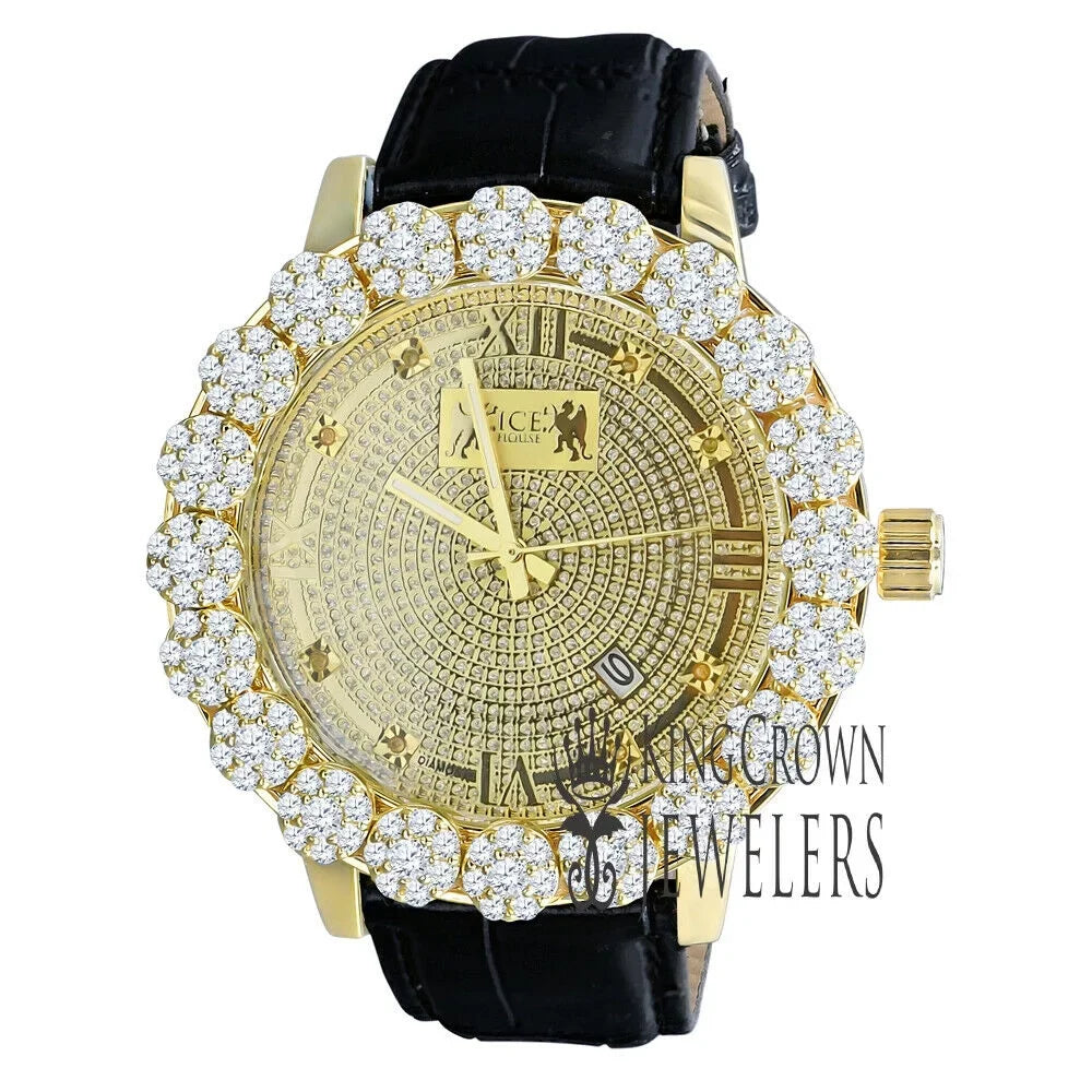 Bezel W/Date Face Diamond Roman Gold Tone Mens Khronos Dial Leather Wrist Watch Flower Genuine Genuine