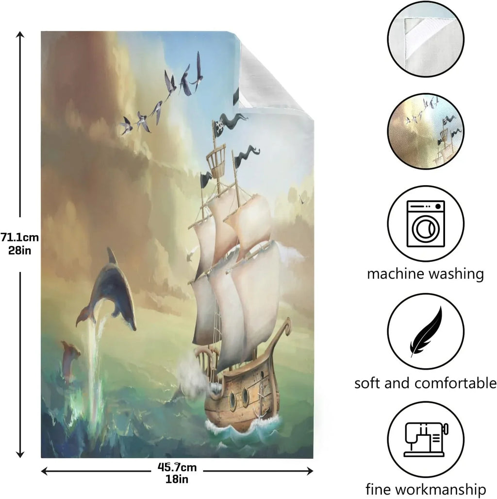 Set 6 Absorbent Cleaning Wiping and Towels 18"x28"Lint-Free Kitchen Hanging of Tea Towel Drying Kitchen Dish Loop, with Summer for Dolphins Sailboat Jumping Cloth Ocean