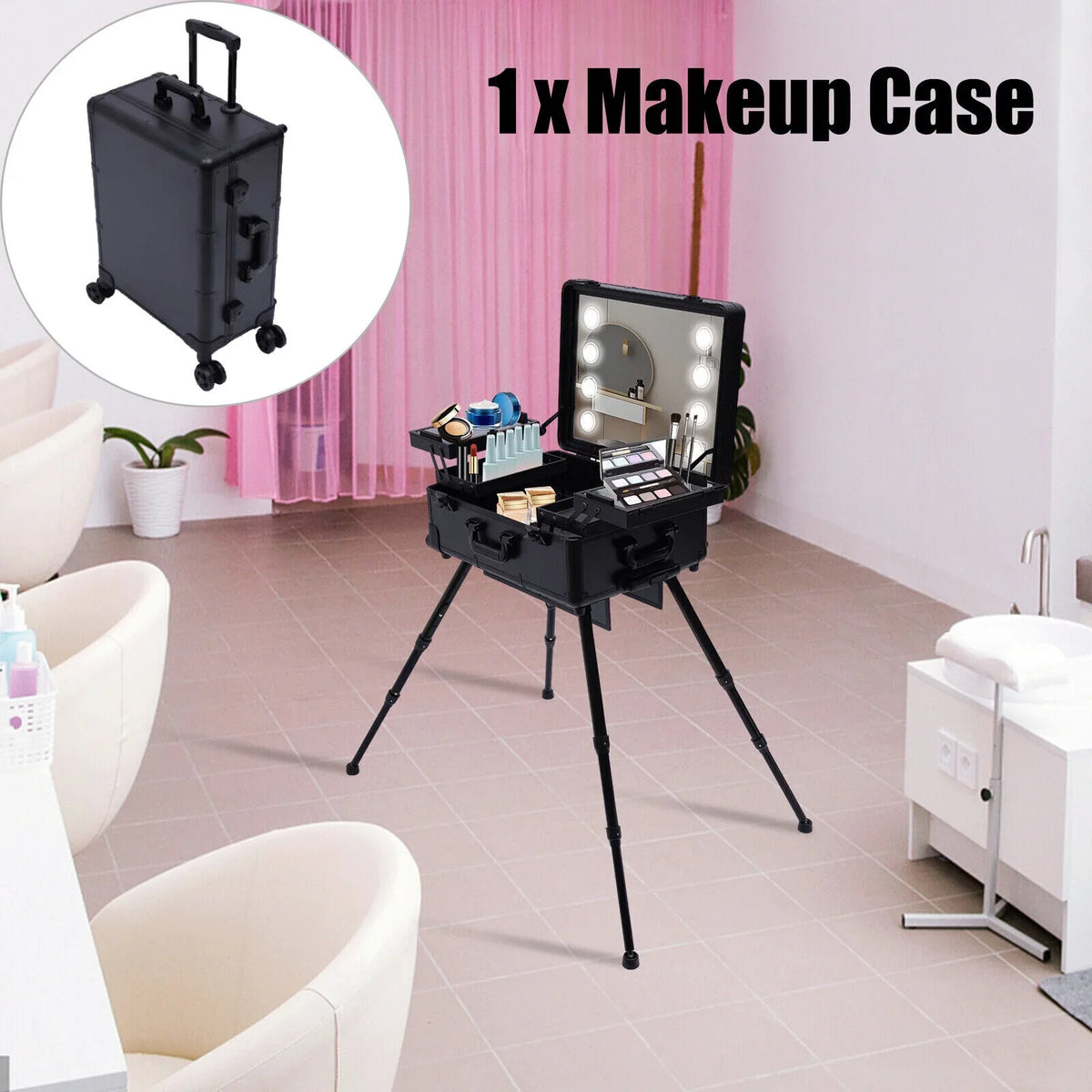 with DENEST Travel Makeup Box Rolling Case Organizer Train Key Cosmetic Trolley Luggage