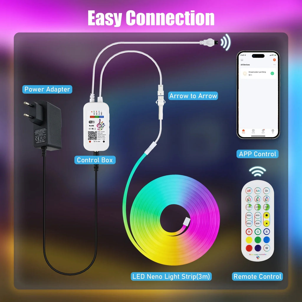 Works Room Music Flexible Neon For Living 9.8ft LED Alexa Decoraction IP67 Waterproof Lights Dimmable Outdoor CheDux DIY Sync Wall, With Function, Google, Strip Control And With Light Remote And