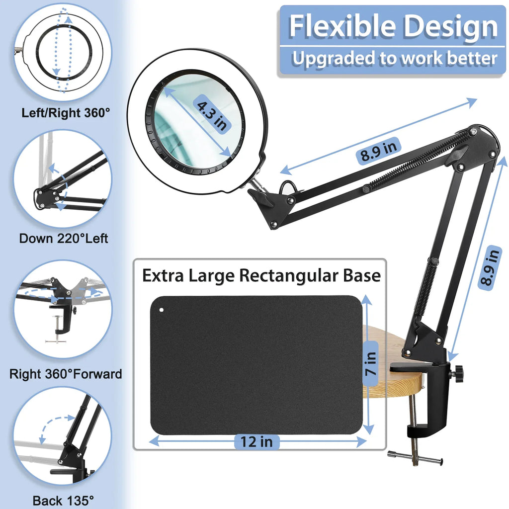 5 for 10X Craft, and Desk with Stepless Glass Magnifying 2-in-1 Dimmable, Lamp LED Sewing Magnifier with Magnifying Color Hands Painting, Free Work, Close Lighted Stand, Modes Clamp, Light