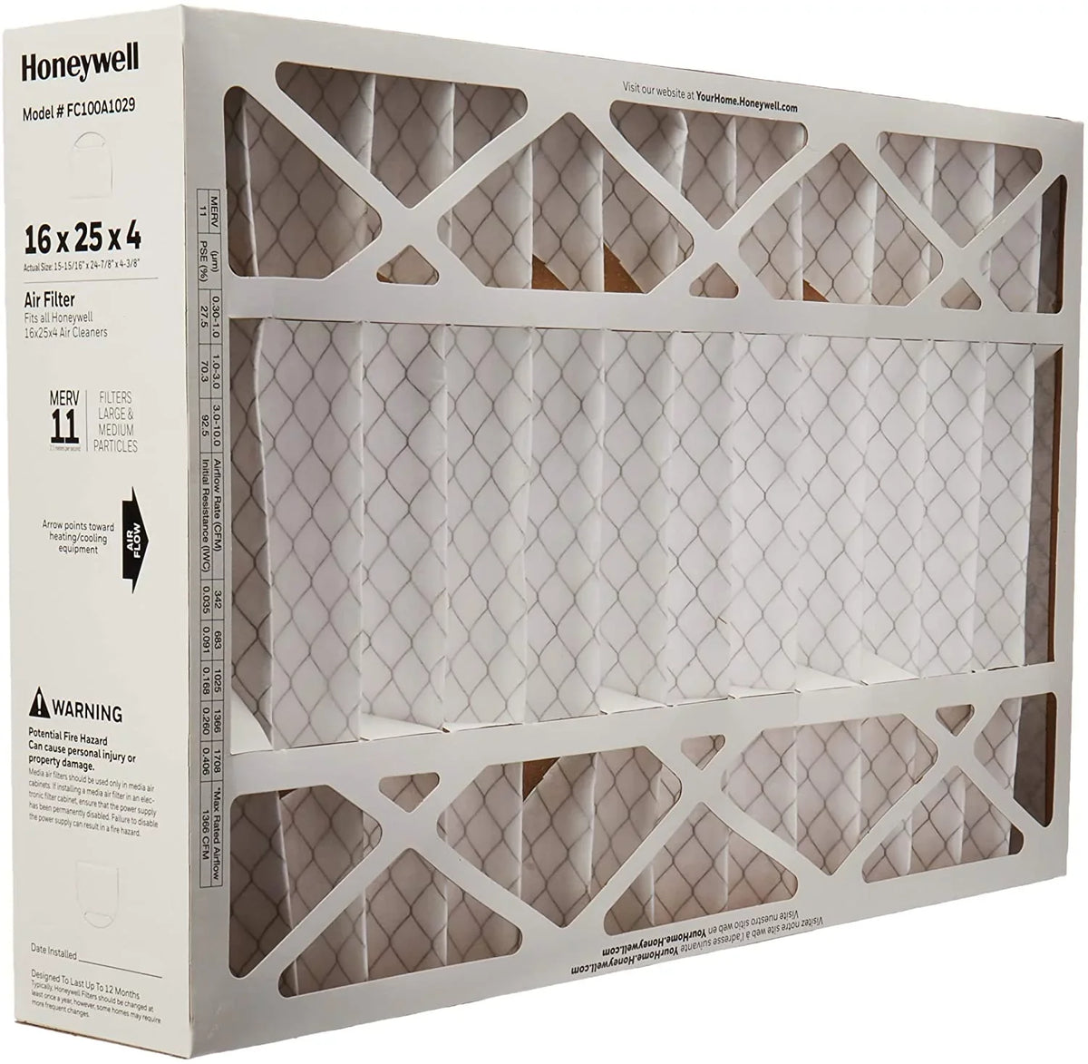 16" Filter, 11 FC100A1029-2pk MERV 2) Media Air (Pack x 25" Honeywell of