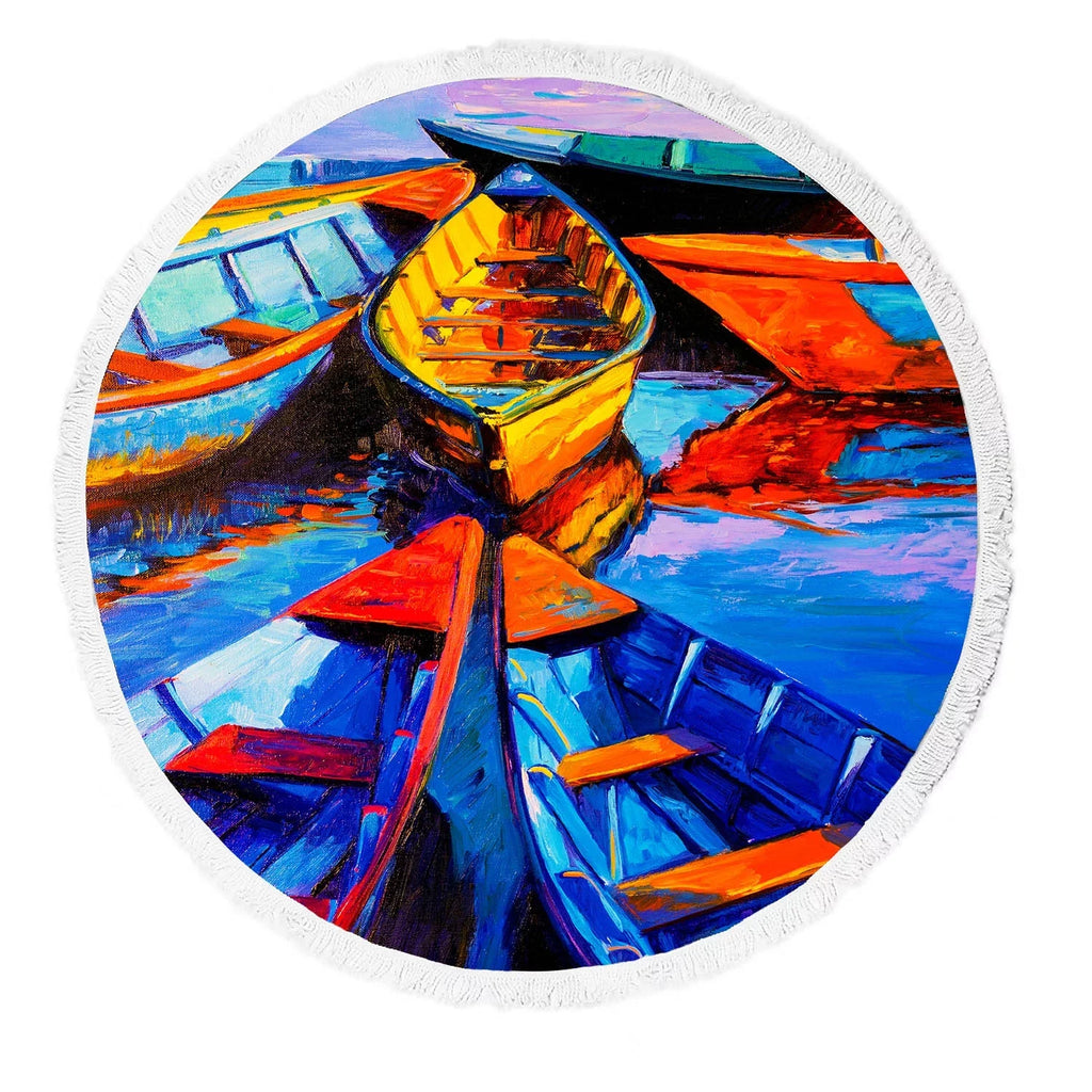 Shawl Mat Towel Beach Beach Round Blanket Boats Beach on Beach Mats Painting Canvas Yoga Modern Oil with Towel Beach Impressionism Tassels Throw Ships Sea YKCG