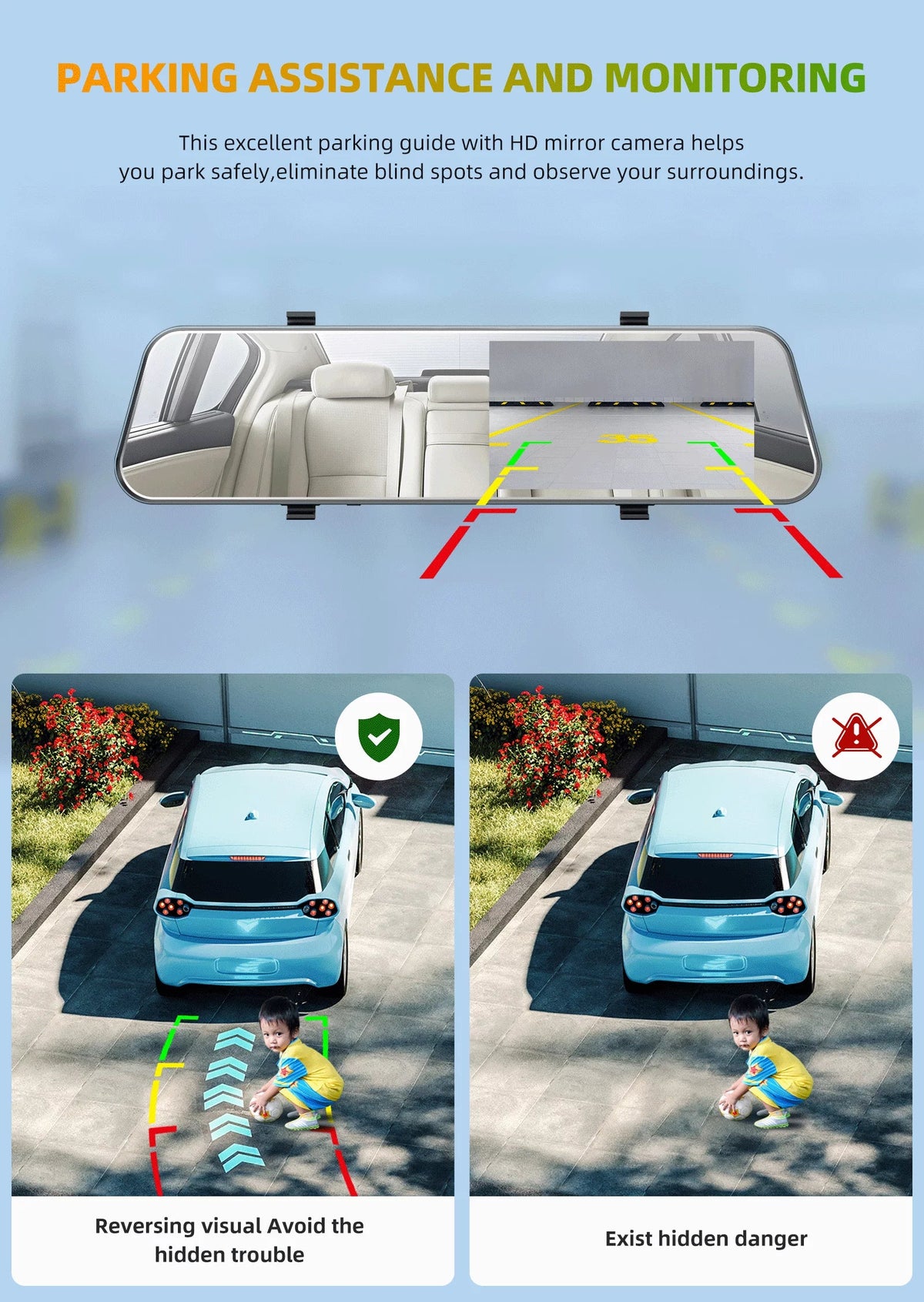 Touch Full Cars, for IPS and Screen Front Loop Camera Cam Mirror Dual Assistant Recording, TOGUARD Rear Rear Parking Camera, Monitor, 5'' G-Sensor, Dash View with Dash Mirror HD Parking 1080P