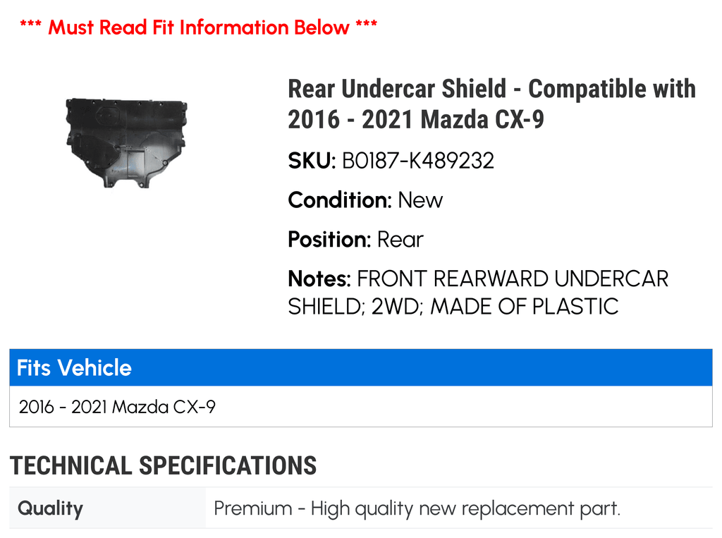 CX-9 Mazda 2018 - 2019 2017 - Shield Rear Undercar with 2016 2021 2020 Compatible