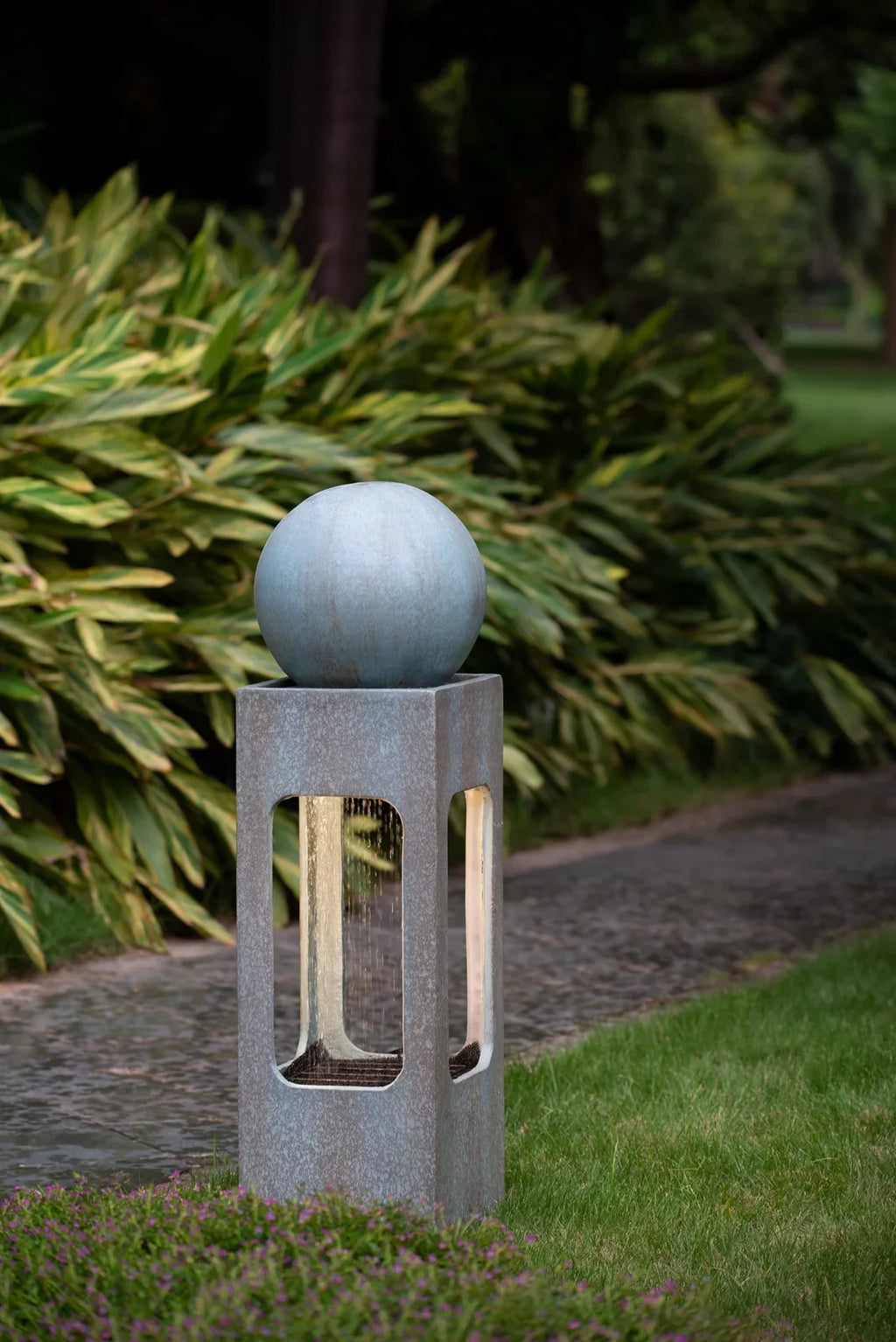 Light & with Fountain, For Feature Tall Contemporary Outdoor 13x13x44" Sphere Raindrop Deck Outdoor Garden, Patio Water Water Antique Cement/Concrete Fountain, Lawn, Blue