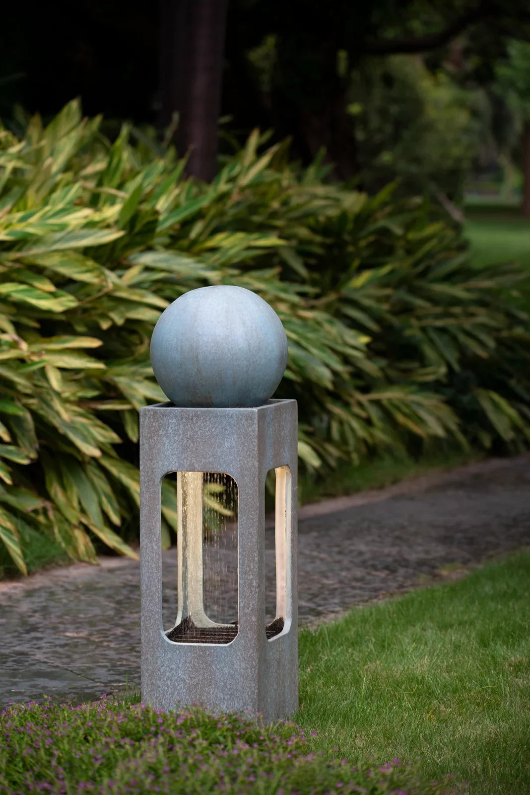 Light & with Fountain, For Feature Tall Contemporary Outdoor 13x13x44" Sphere Raindrop Deck Outdoor Garden, Patio Water Water Antique Cement/Concrete Fountain, Lawn, Blue
