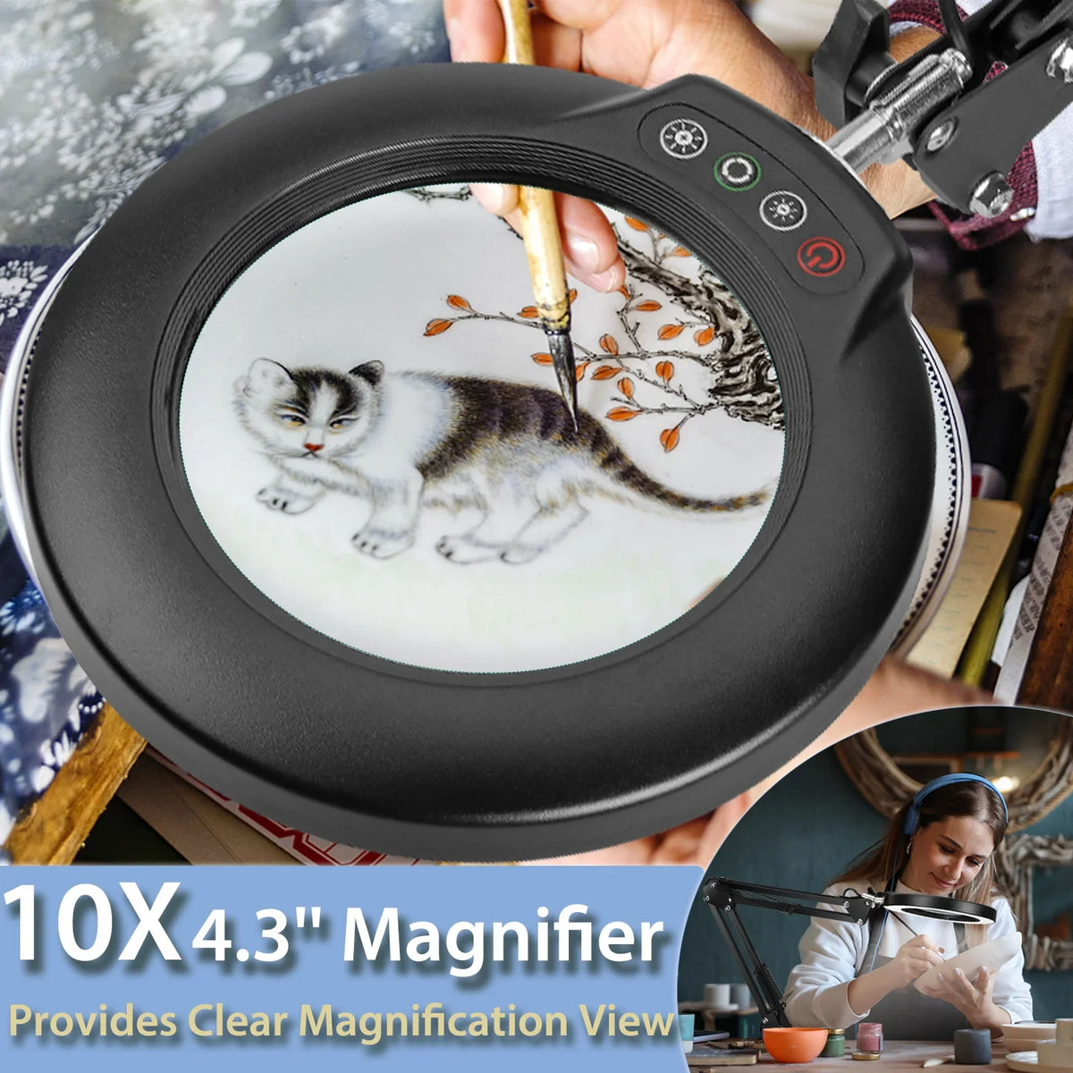 5 for 10X Craft, and Desk with Stepless Glass Magnifying 2-in-1 Dimmable, Lamp LED Sewing Magnifier with Magnifying Color Hands Painting, Free Work, Close Lighted Stand, Modes Clamp, Light