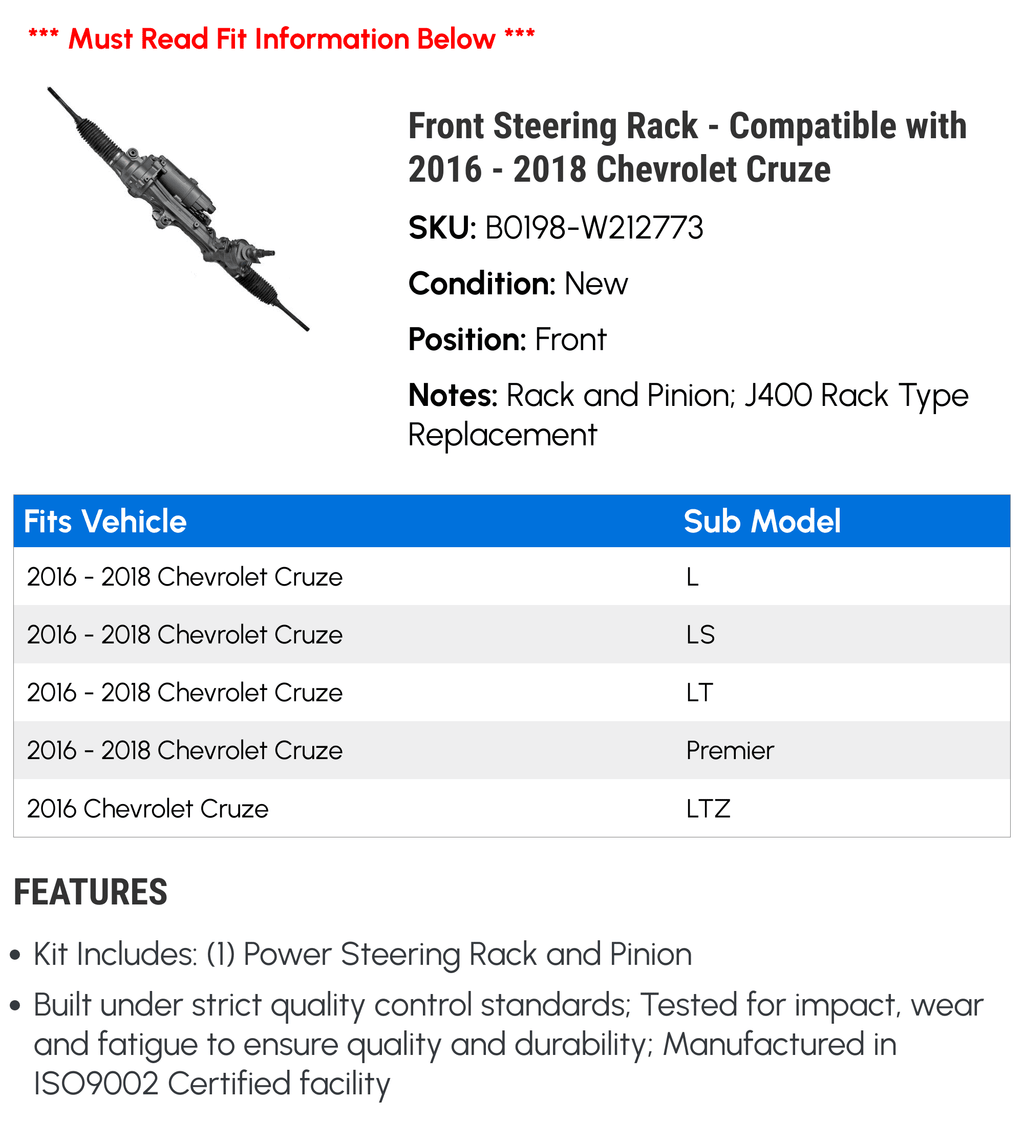2018 - Front Rack Compatible Chevy Steering with Cruze 2016 - 2017